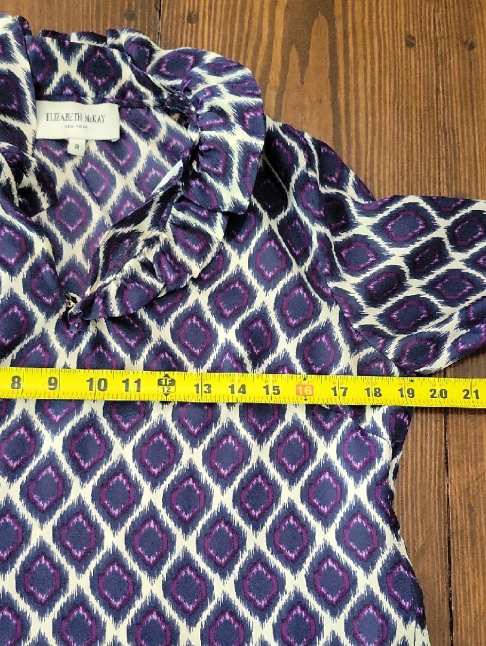 Elizabeth McKay Navy & Purple lkat Ruffle Collar Silk Blouse Sz 8, Quiet Luxury - Picture 8 of 11
